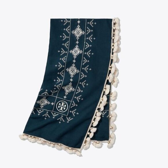 Tory Burch Women's Tassel Embroidered Geometric Scarf - Picture 6 of 8